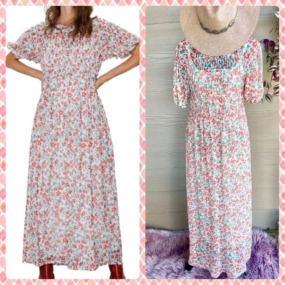 Zara Cream Red Floral Smocked Mesh Prairie Cottagecore Boho Maxi Dress Sz S